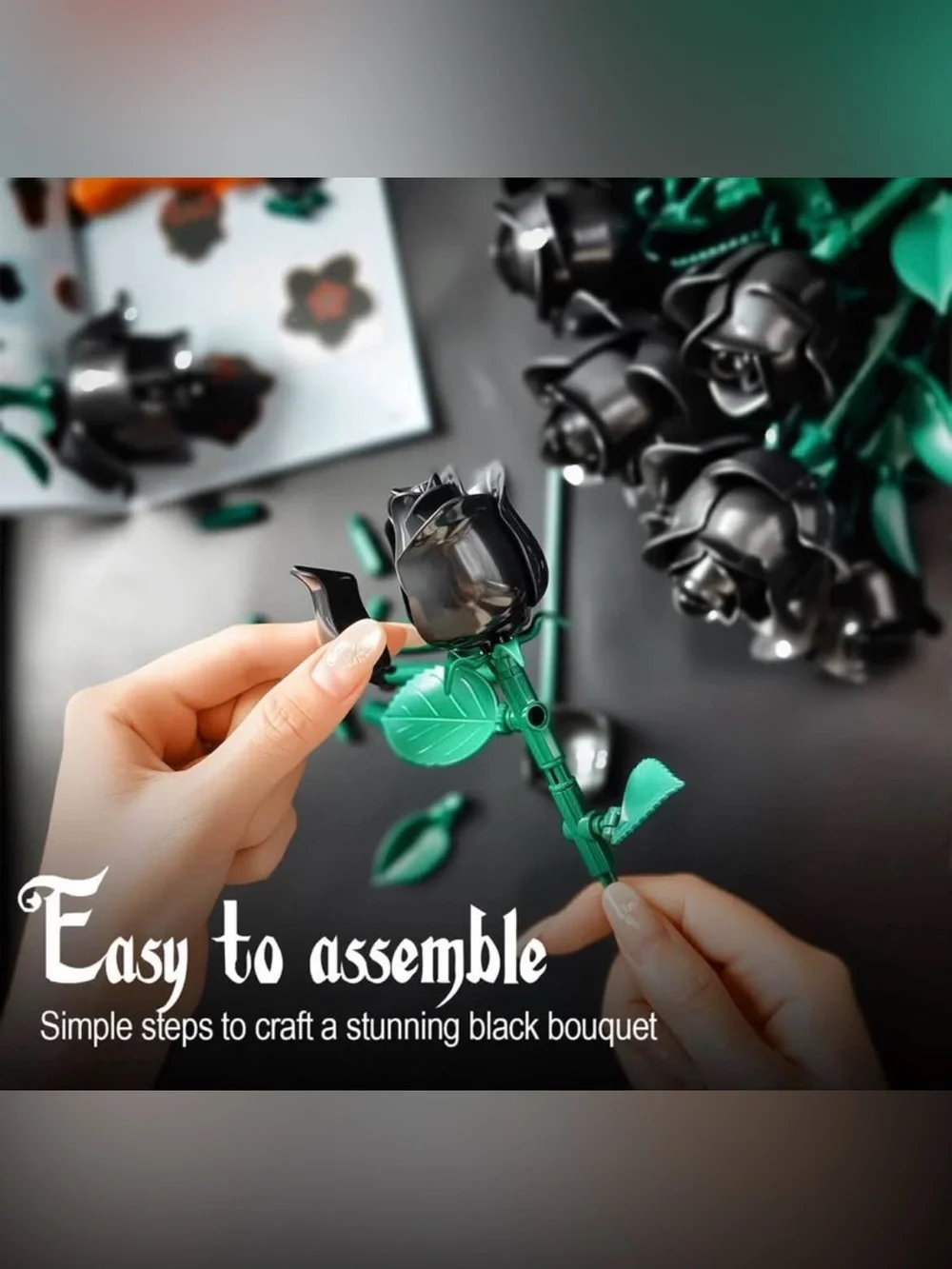 NEW 585pcs Black Roses Flower Building Set-12Pack, Compatible with Lego Bouquet